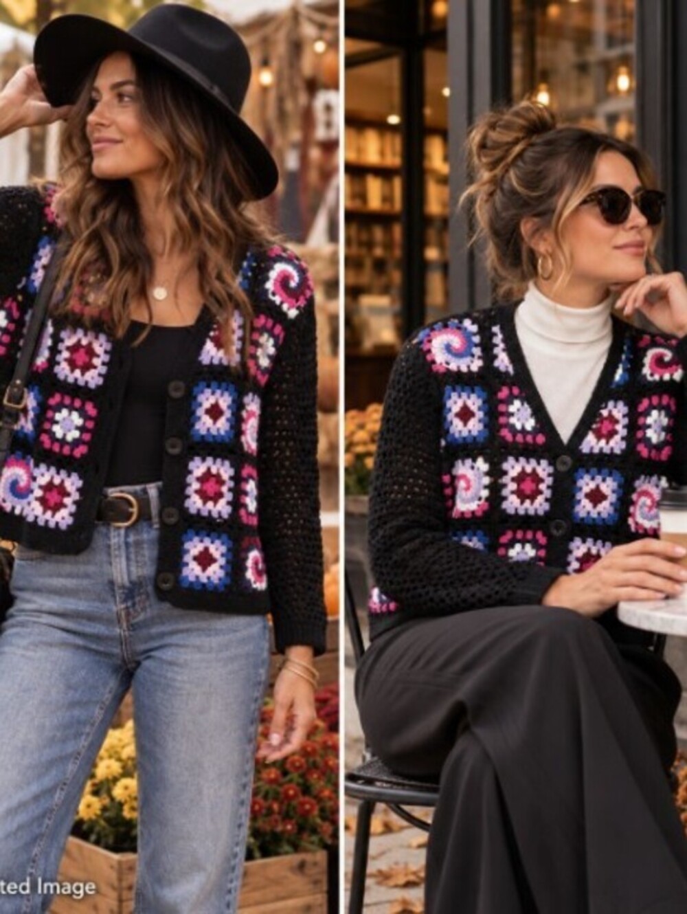 Granny Square Crochet Cardigan Womens Black Patchwork Boho Cotton Emporium